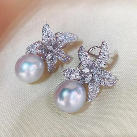 🎀925 Silver Plating CZ Crystal Imitation Pearl Starfish Earring, HA4526 - Picture 3 of 5